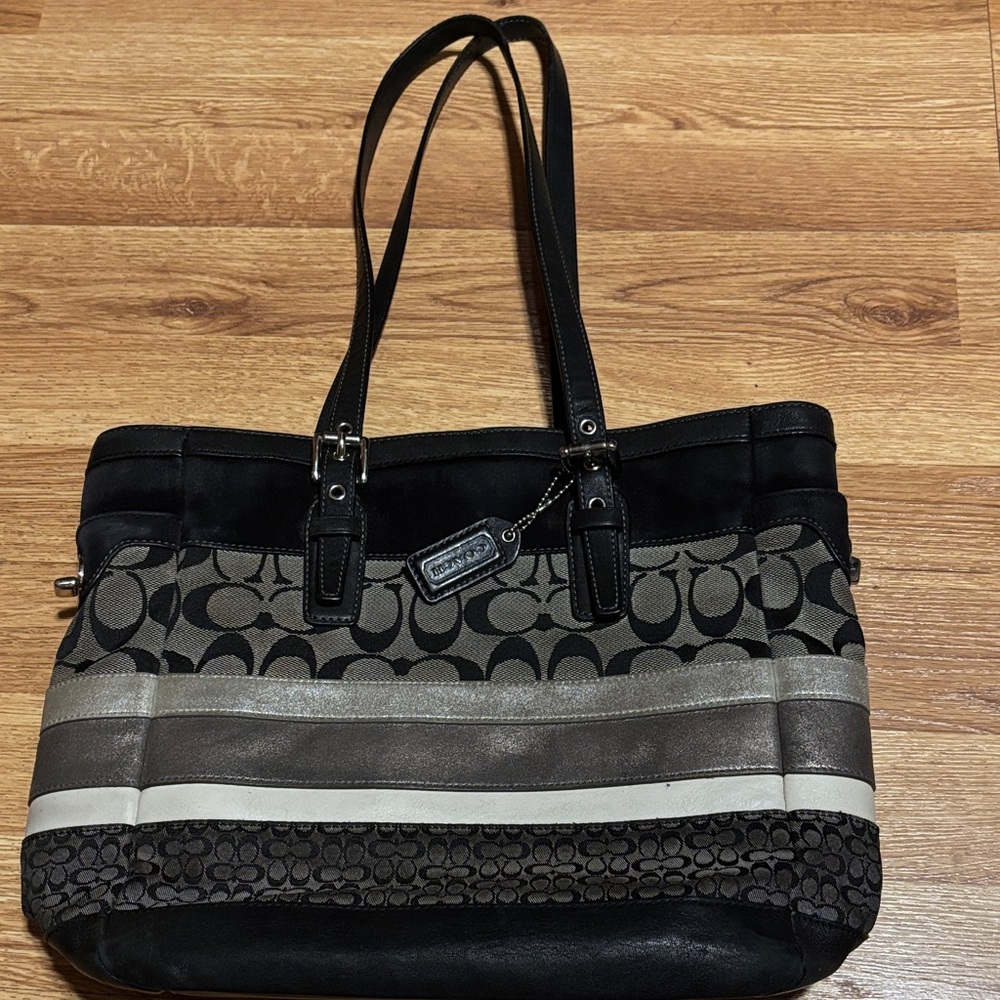 Coach Black and Cream Signature Small Tote